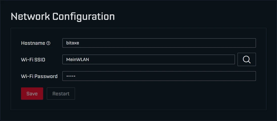 Network page in AxeOS 2.15: heading Network Configuration with hostname bitaxe, Wi-Fi SSID MeinWLAN with search magnifier, Wi-Fi password and Save and Restart