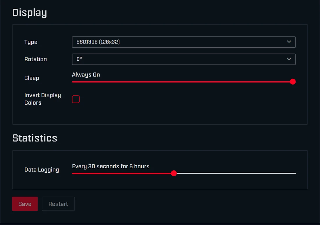 Lower part of the Settings page in AxeOS 2.15: Display card with type SSD1306 (128x32), rotation 0°, sleep always on and invert display colors, Statistics card with data logging every 30 seconds for 6 hours, then Save and Restart