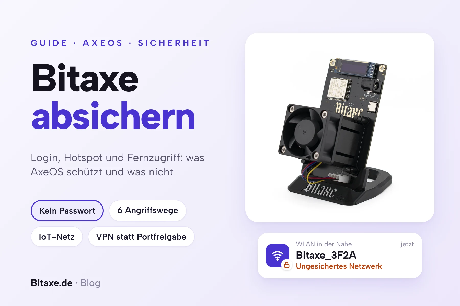 Titelbild „Bitaxe absichern“: ein Bitaxe Gamma 601 auf seinem Ständer, daneben die WLAN-Liste eines Handys mit dem offenen Netz „Bitaxe_3F2A“, ungesichert