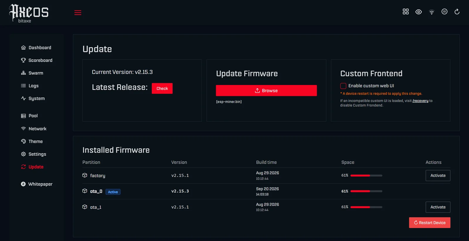 Screenshot of the Update page in AxeOS 2.15.3: Current Version v2.15.3, Check button for the latest release, Update Firmware card with Browse for esp-miner.bin, Custom Frontend card, below it the Installed Firmware table with the slots factory, ota_0 (active, v2.15.3) and ota_1 (v2.15.1) and the Activate buttons