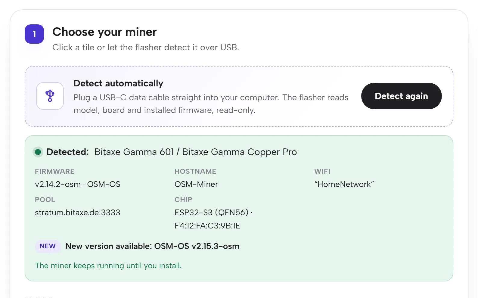 Screenshot of flasher.bitaxe.de, step 1 Choose your miner: Detect automatically box with the Detect again button, below it the result Detected: Bitaxe Gamma 601 with firmware v2.14.2-osm, hostname, WiFi, pool stratum.bitaxe.de:3333 and chip, plus the note New version available: OSM-OS v2.15.3-osm
