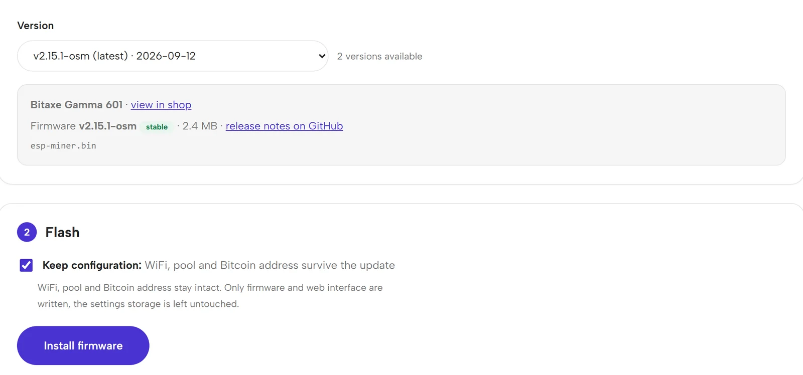 Screenshot of flasher.bitaxe.de: version selector with v2.15.1-osm for the Bitaxe Gamma 601, below it step 2 Flash with the Keep configuration checkbox and the Install firmware button