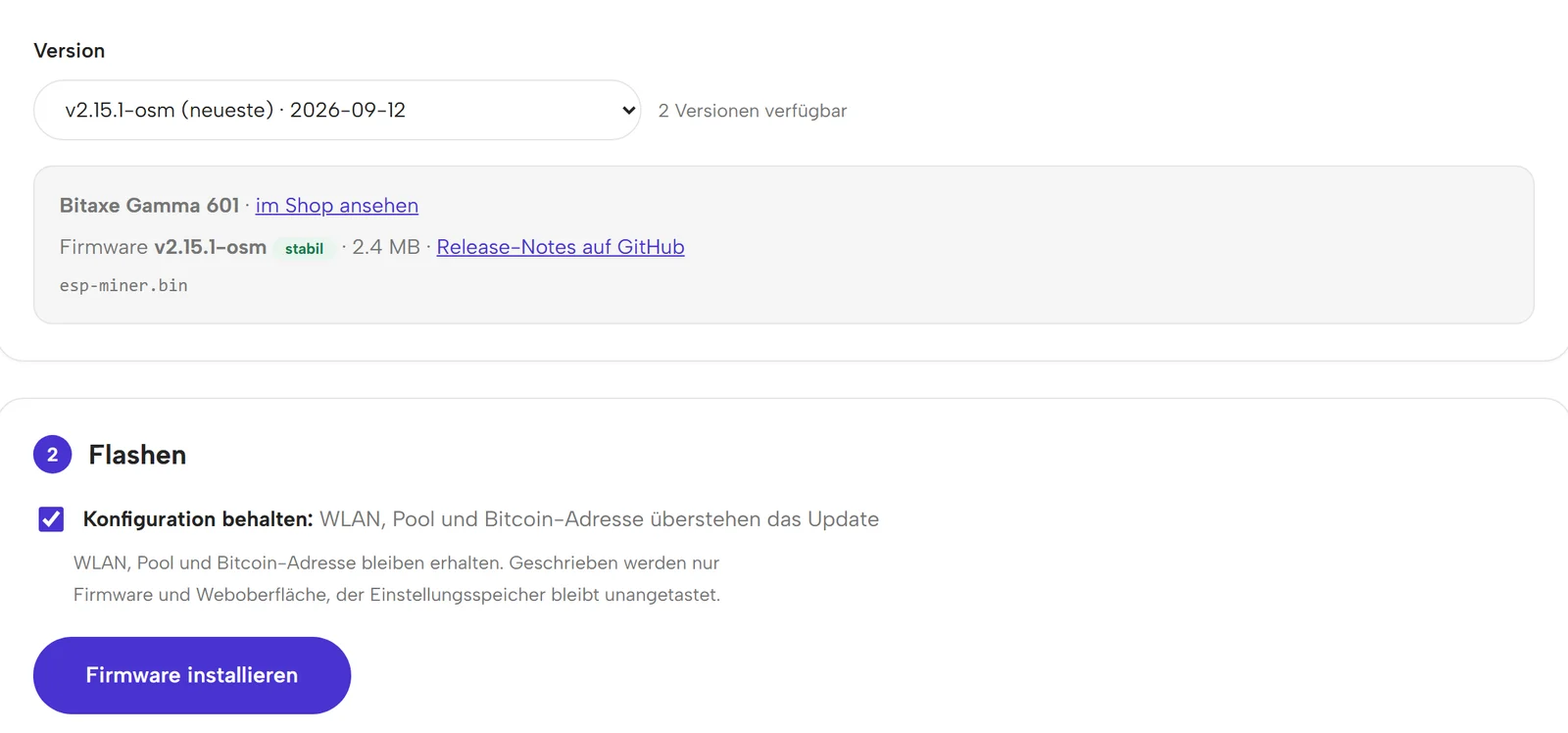 Bildschirmfoto von flasher.bitaxe.de: Versionsauswahl mit v2.15.1-osm für den Bitaxe Gamma 601, darunter Schritt 2 Flashen mit dem Häkchen Konfiguration behalten und der Schaltfläche Firmware installieren