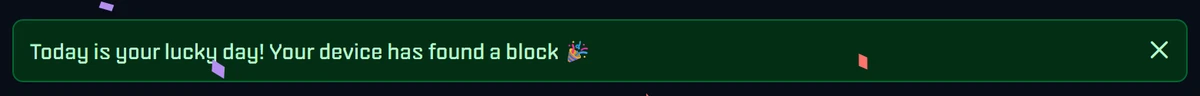 Green message in the AxeOS 2.15 dashboard: Today is your lucky day! Your device has found a block, with confetti in the background