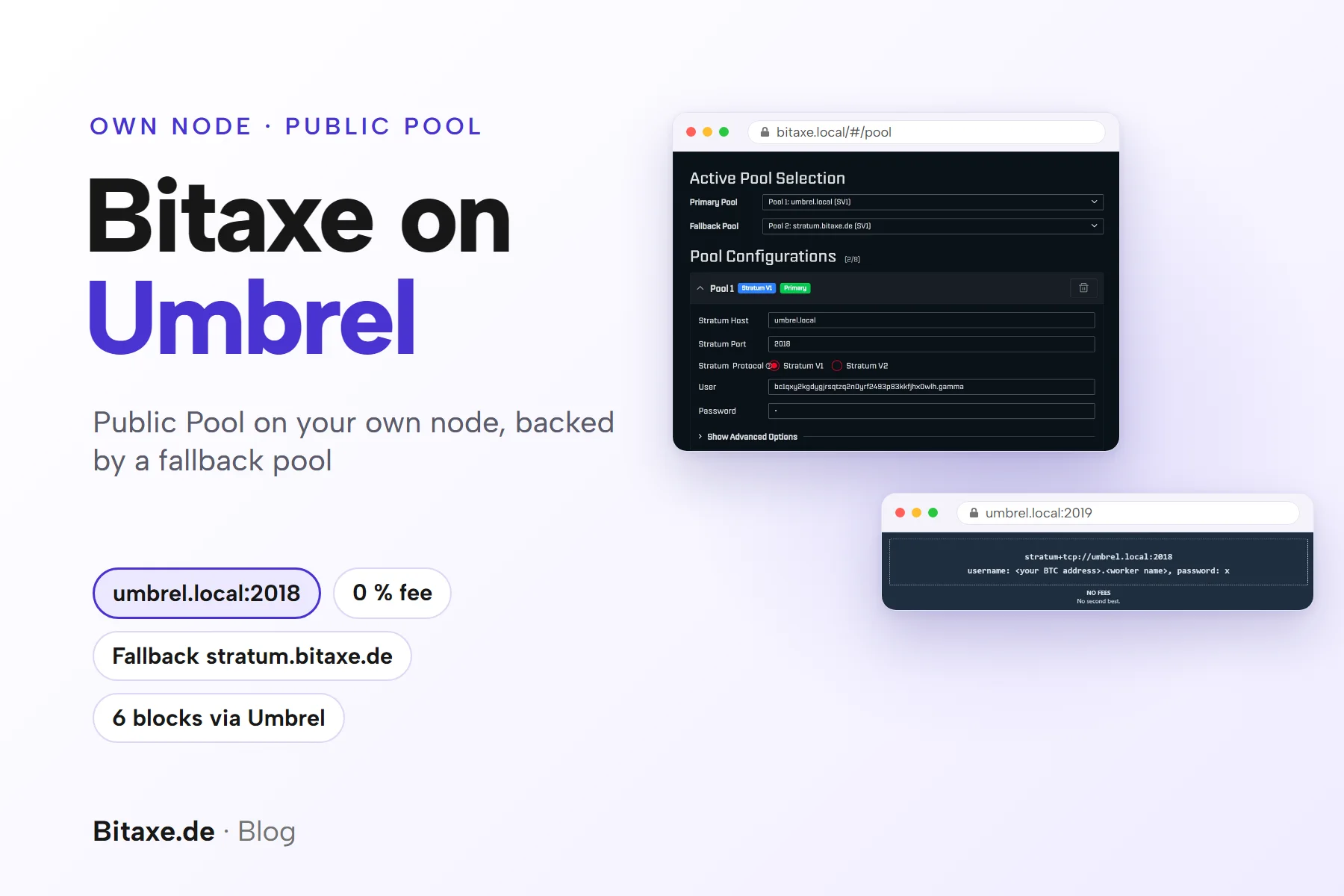 Cover image “Bitaxe on Umbrel”: the AxeOS 2.15 Pool page with Pool 1 umbrel.local, port 2018 as primary, next to it the Public Pool connection details with stratum+tcp://umbrel.local:2018, plus the key points umbrel.local:2018, 0 % fee, fallback stratum.bitaxe.de and 6 blocks via Umbrel