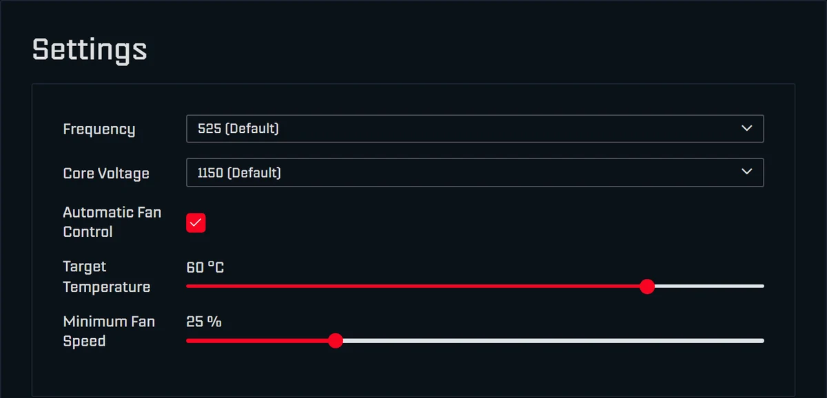 Seite Settings in AxeOS 2.15 beim Bitaxe Gamma: Frequency 525 (Default), Core Voltage 1150 (Default), Automatic Fan Control angehakt, Target Temperature 60 °C, Minimum Fan Speed 25 %