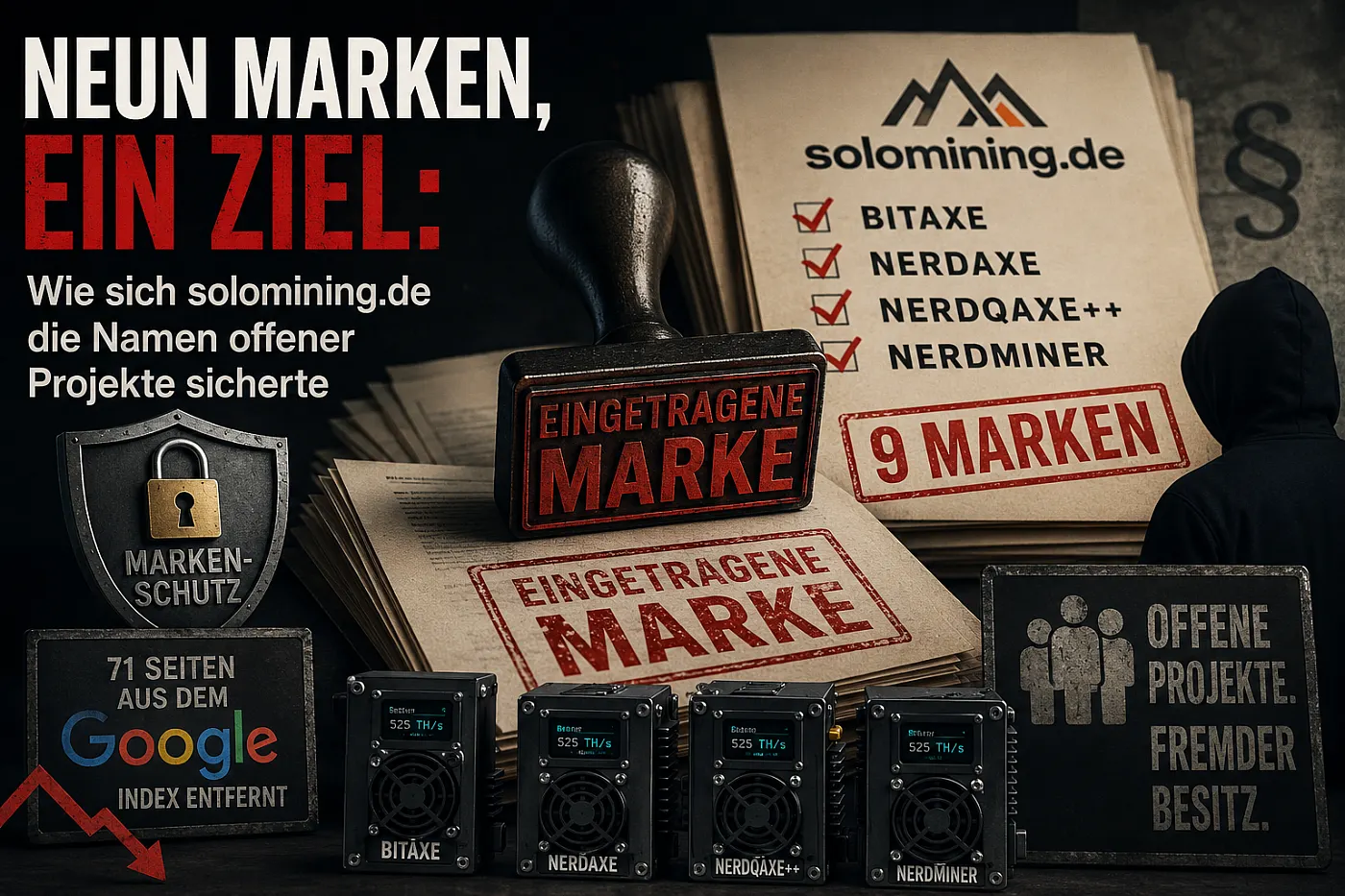 Stempel „Eingetragene Marke" über Aktenstapeln, daneben eine Liste von solomining.de mit den abgehakten Projektnamen Bitaxe, Nerdaxe, NerdQaxe++ und Nerdminer sowie der Hinweis auf 71 aus dem Google-Index entfernte Seiten