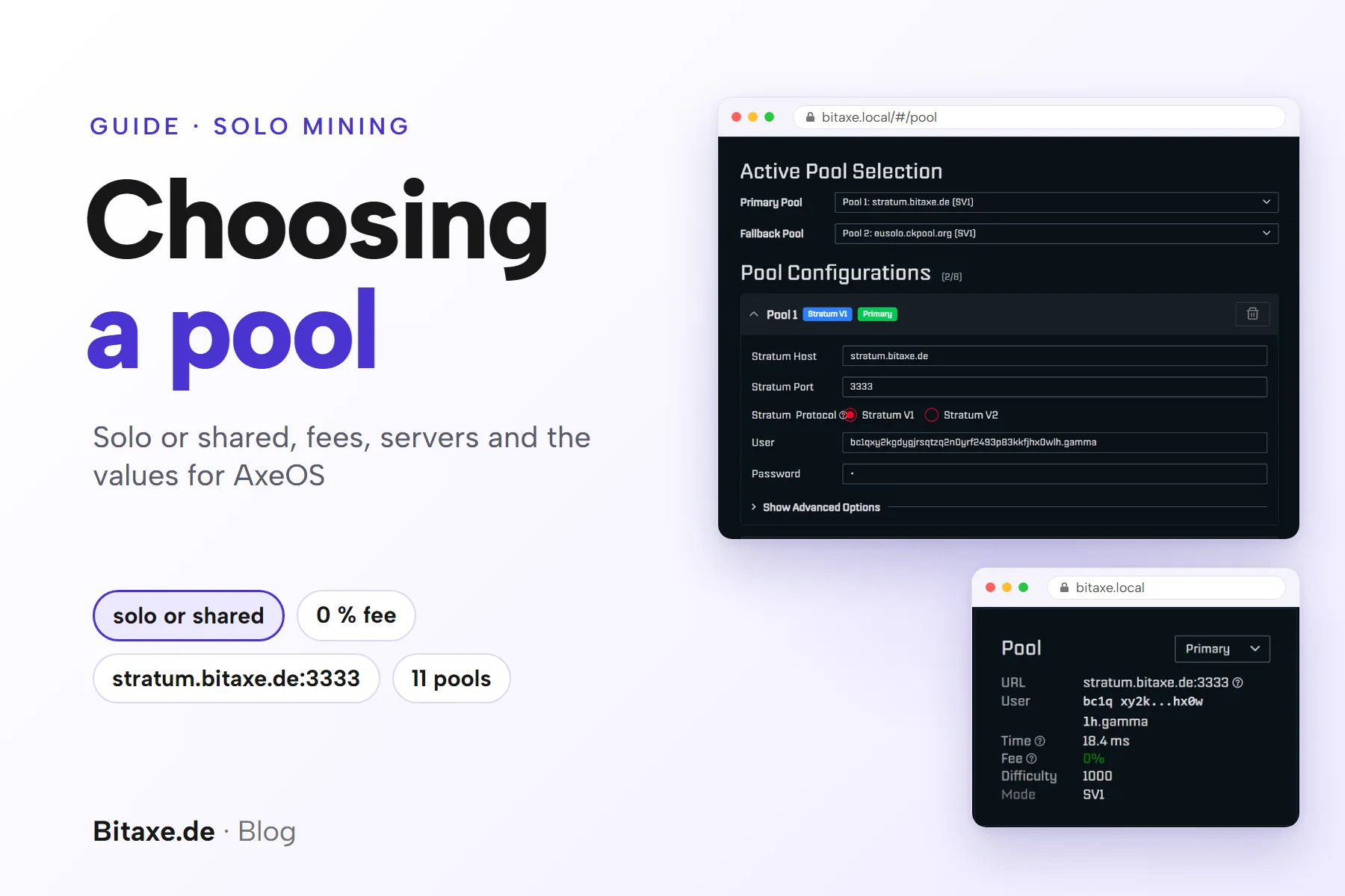 Cover image choosing a Bitaxe mining pool: Pool page in AxeOS 2.15 with stratum.bitaxe.de as primary pool and the dashboard Pool card with fee 0 %, with the key points solo or shared, 0 % fee, stratum.bitaxe.de:3333 and 11 pools