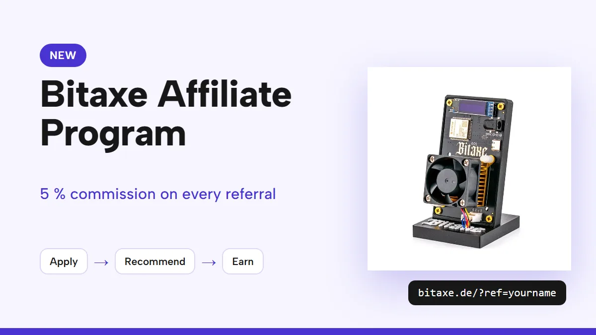 Cover image “Bitaxe Affiliate Program” with the subtitle “5 % commission on every referral” in blue on a light background, next to it a Bitaxe Gamma and a stylised referral link with an arrow