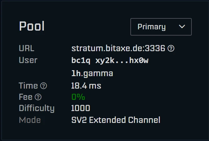 Pool card on the AxeOS 2.15 dashboard: URL stratum.bitaxe.de:3336, user with Bitcoin address, time 18.4 ms, fee 0 %, difficulty 1000 and mode SV2 Extended Channel