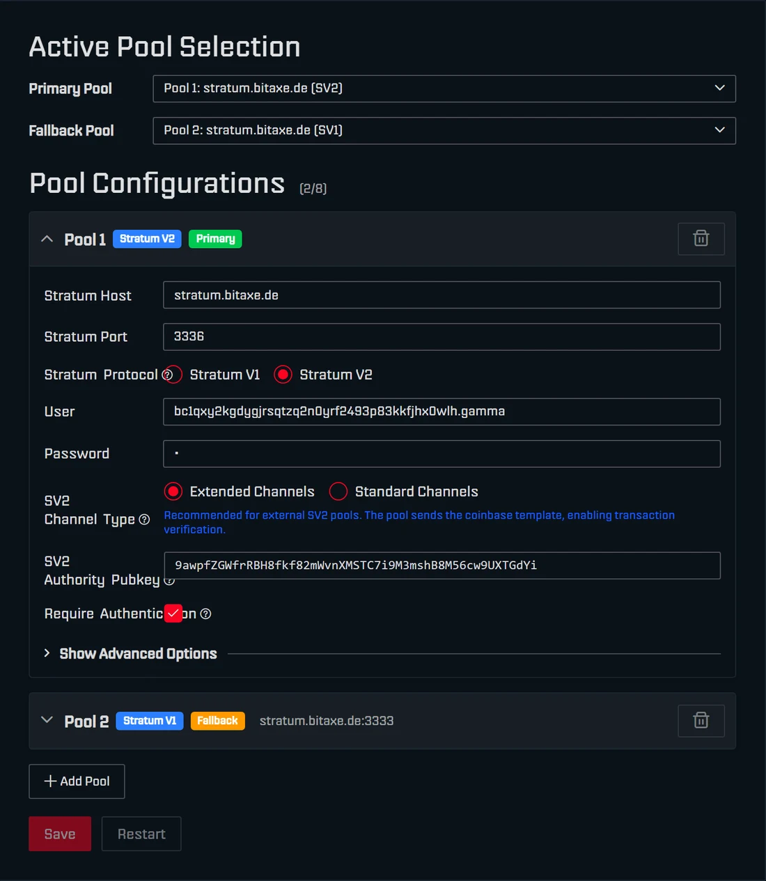 Seite Pool in AxeOS 2.15 mit Active Pool Selection, Primary Pool stratum.bitaxe.de mit Stratum V2 und Fallback Pool stratum.bitaxe.de mit Stratum V1, darunter die Felder Stratum Host, Stratum Port, Stratum Protocol, User, Password und SV2 Authority Pubkey