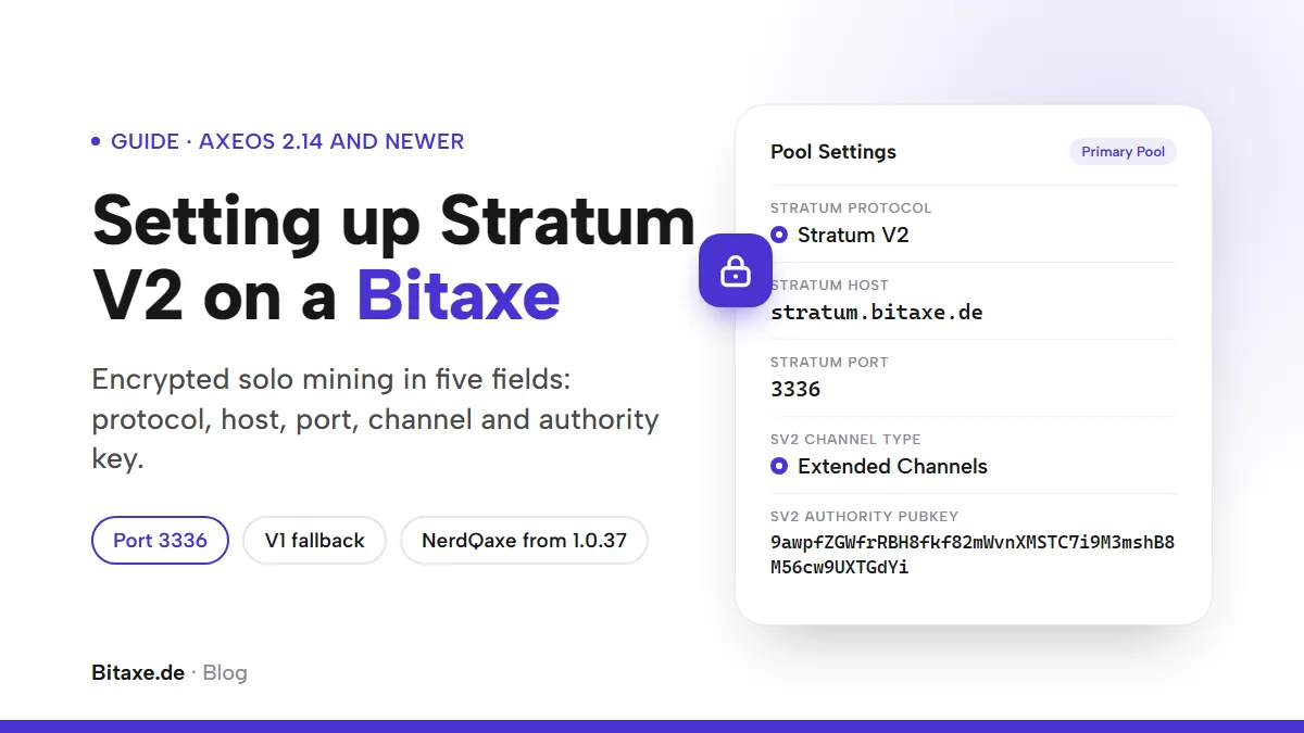 Cover image “Setting up Stratum V2 on a Bitaxe”: the five fields from the AxeOS pool settings as a card, Stratum Protocol Stratum V2, host stratum.bitaxe.de, port 3336, channel Extended, authority public key, next to a padlock icon