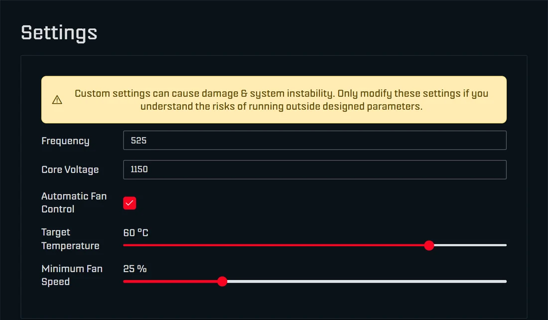 Settings page in AxeOS 2.15 in overclock mode: yellow warning Custom settings can cause damage and system instability, below free input fields Frequency 525 and Core Voltage 1150, Automatic Fan Control ticked, Target Temperature 60 °C, Minimum Fan Speed 25 %