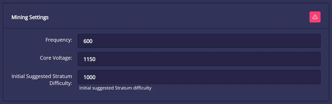 Mining Settings card in NerdOS 1.1 with the red Danger Zone button active: free fields Frequency 600 and Core Voltage 1150 and Initial Suggested Stratum Difficulty 1000