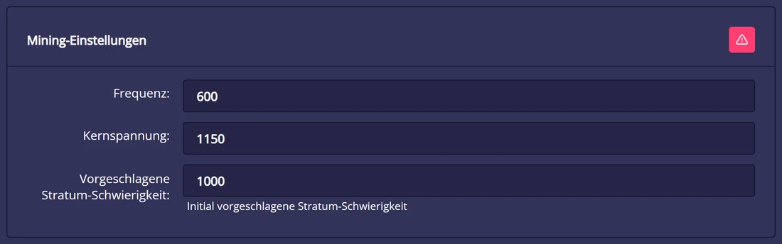 Karte Mining-Einstellungen in NerdOS 1.1 mit aktivem roten Danger-Zone-Knopf: freie Felder Frequenz 600 und Kernspannung 1150 sowie Vorgeschlagene Stratum-Schwierigkeit 1000
