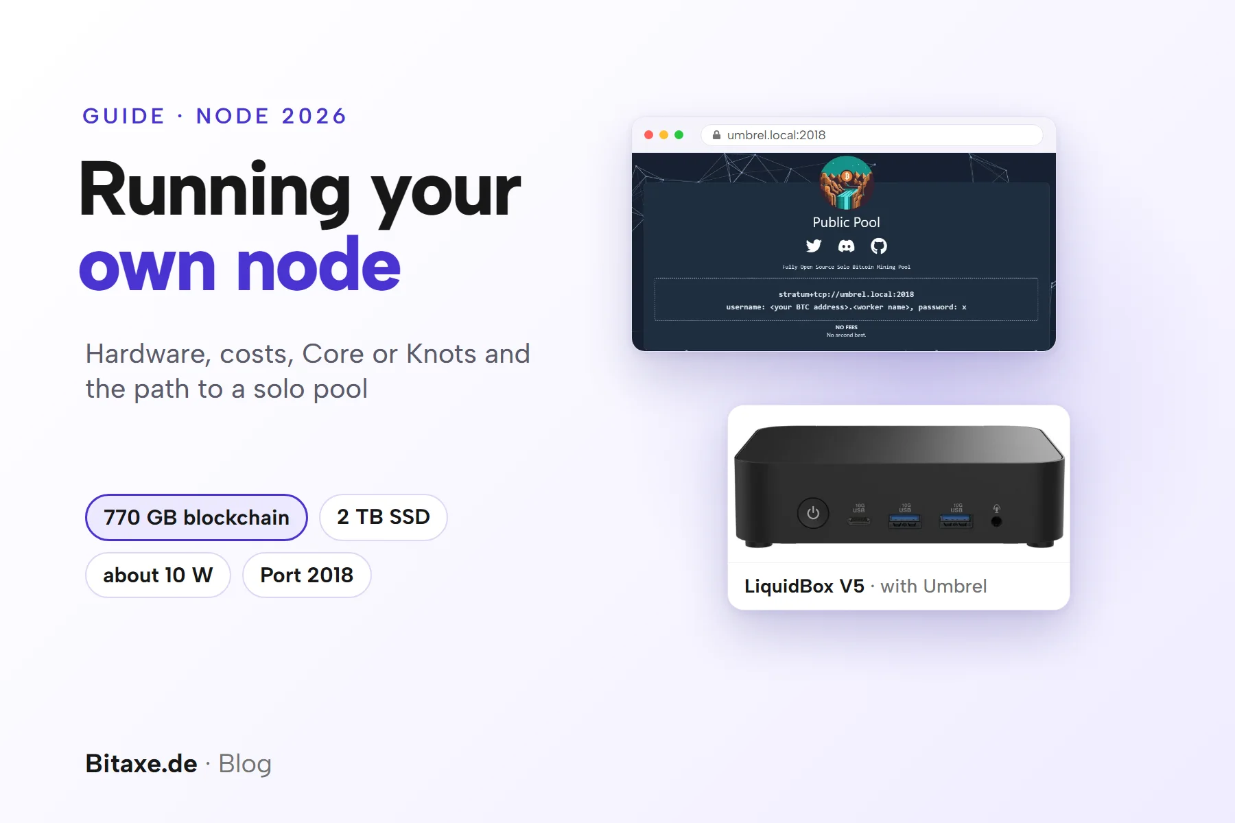 Cover image “Running your own node”: the start page of the Public Pool app on umbrel.local:2018 showing stratum+tcp://umbrel.local:2018, below it a product photo of the LiquidBox V5 with Umbrel, plus the key points 770 GB blockchain, 2 TB SSD, about 10 W and port 2018
