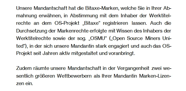 Auszug aus dem Anwaltsschreiben der Gegenseite: Registrierung in Abstimmung mit dem Inhaber der Werktitelrechte, Marken-Lizenzen an zwei wesentlich größere Wettbewerber