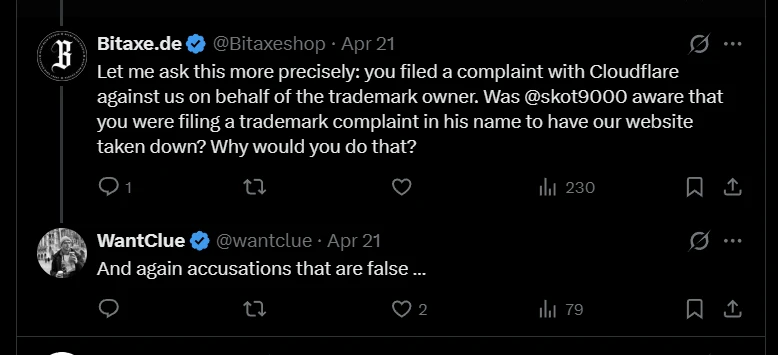 X-Wechsel vom 21. April 2026: Bitaxeshop fragt WantClue, ob skot9000 von der in seinem Namen eingereichten Beschwerde wusste; Antwort: And again accusations that are false