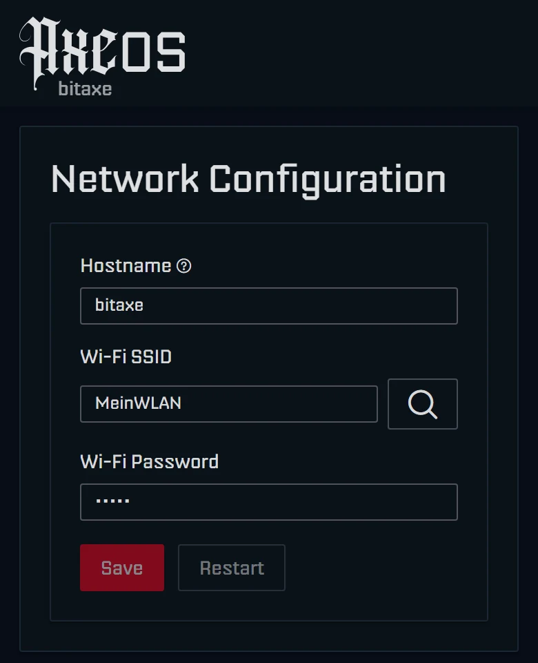 AxeOS 2.15 setup page on a phone: heading Network Configuration with the fields Hostname, Wi-Fi SSID with search icon and Wi-Fi Password and the buttons Save and Restart