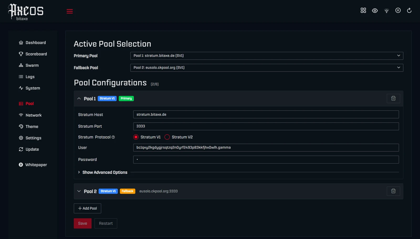Pool page in AxeOS 2.15: Active Pool Selection with primary pool stratum.bitaxe.de and a fallback pool, below it Pool 1 with Stratum Host stratum.bitaxe.de, Stratum Port 3333, Stratum Protocol V1, User with a Bitcoin address and Password, plus the Save and Restart buttons