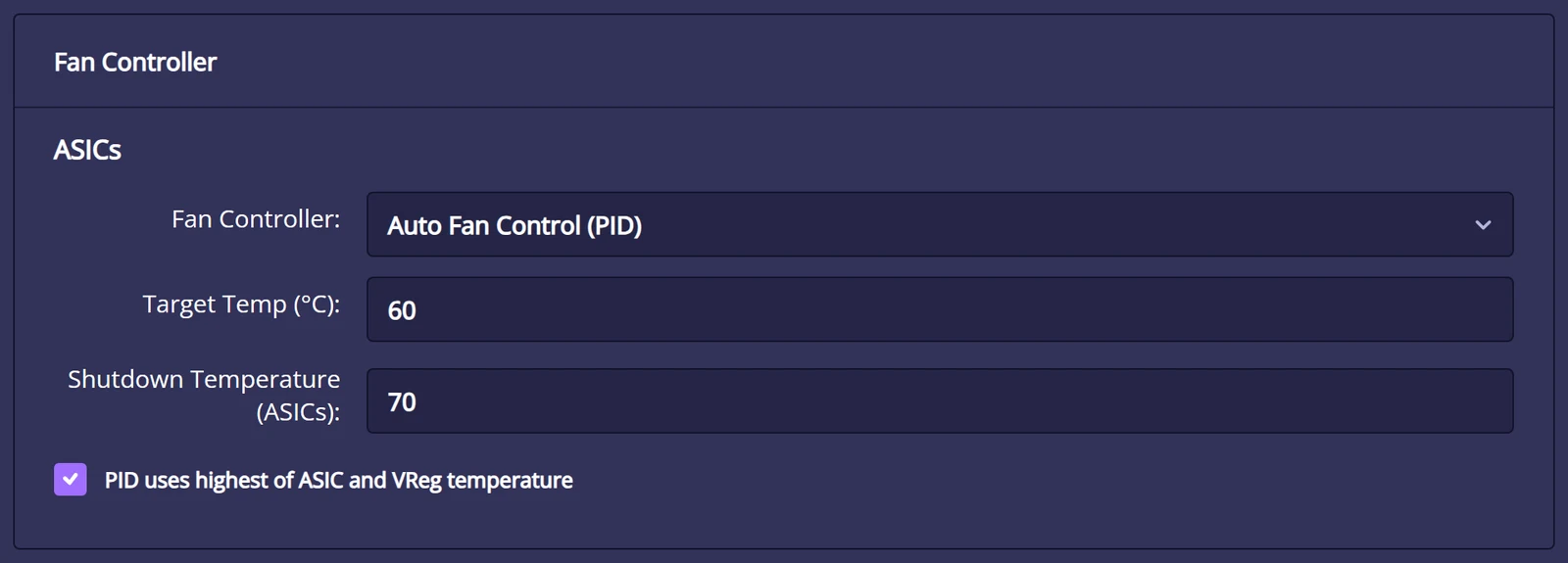 Fan Controller card in NerdOS 1.1 on the Nerdaxe Gamma: Auto Fan Control (PID), target temperature 60 °C, shutdown temperature 70 °C