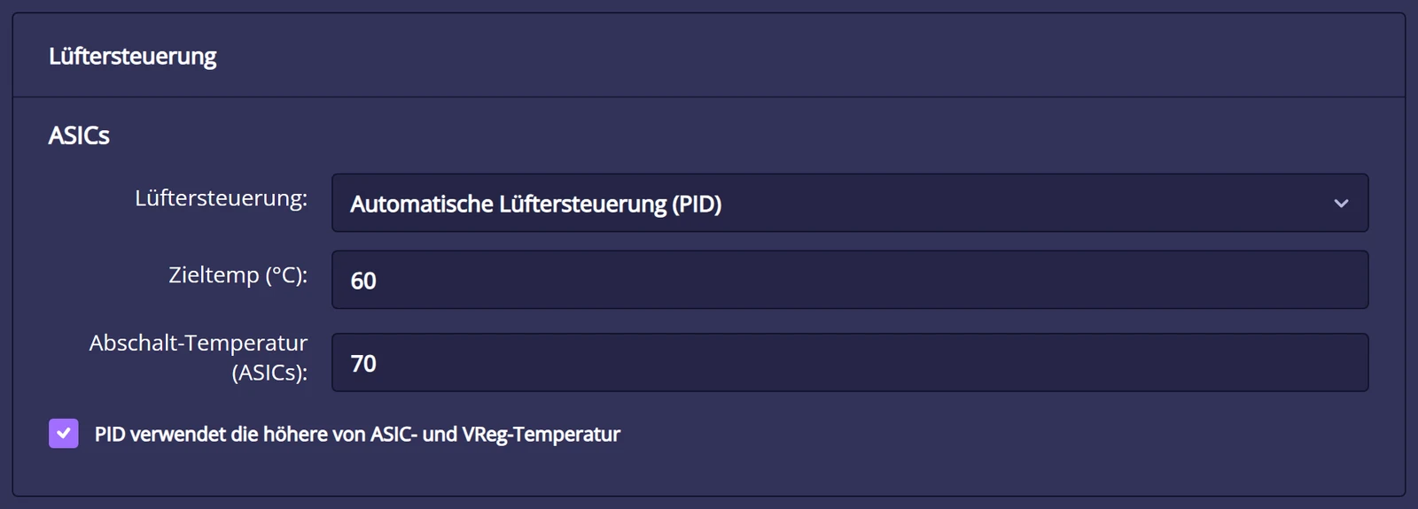 Karte Lüftersteuerung in NerdOS 1.1 beim Nerdaxe Gamma: Automatische Lüftersteuerung (PID), Zieltemperatur 60 °C, Abschalt-Temperatur 70 °C