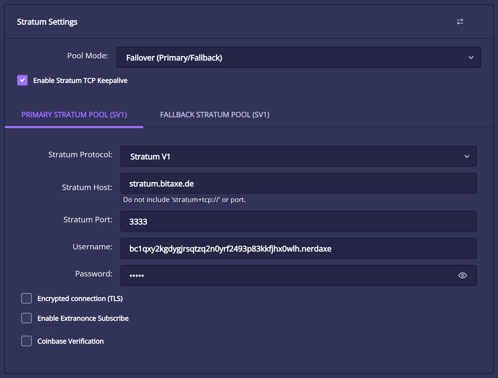 Stratum Settings card in NerdOS 1.1: pool mode Failover, Primary Stratum Pool tab with Stratum Protocol V1, Stratum Host stratum.bitaxe.de, Stratum Port 3333, Username with Bitcoin address and Password