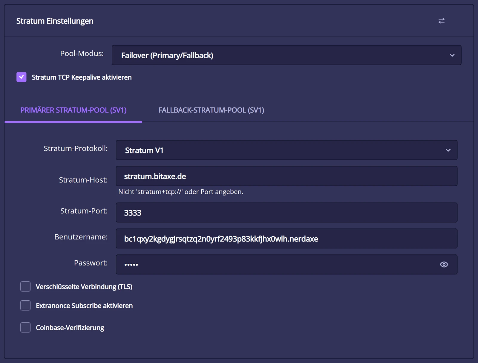 Karte Stratum Einstellungen in NerdOS 1.1: Pool-Modus Failover, Reiter Primärer Stratum-Pool mit Stratum-Protokoll V1, Stratum-Host stratum.bitaxe.de, Stratum-Port 3333, Benutzername mit Bitcoin-Adresse und Passwort