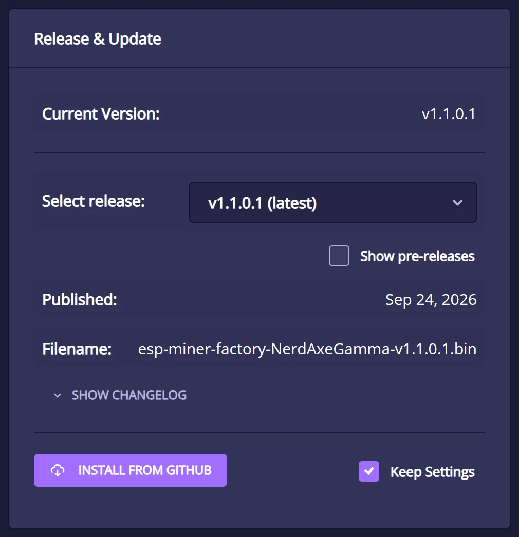 Release & Update card in NerdOS 1.1: current version v1.1.0.1, select release v1.1.0.1 (latest), show pre-releases, published 24 September 2026, filename esp-miner-factory-NerdAxeGamma-v1.1.0.1.bin, Install from GitHub button and Keep Settings checkbox
