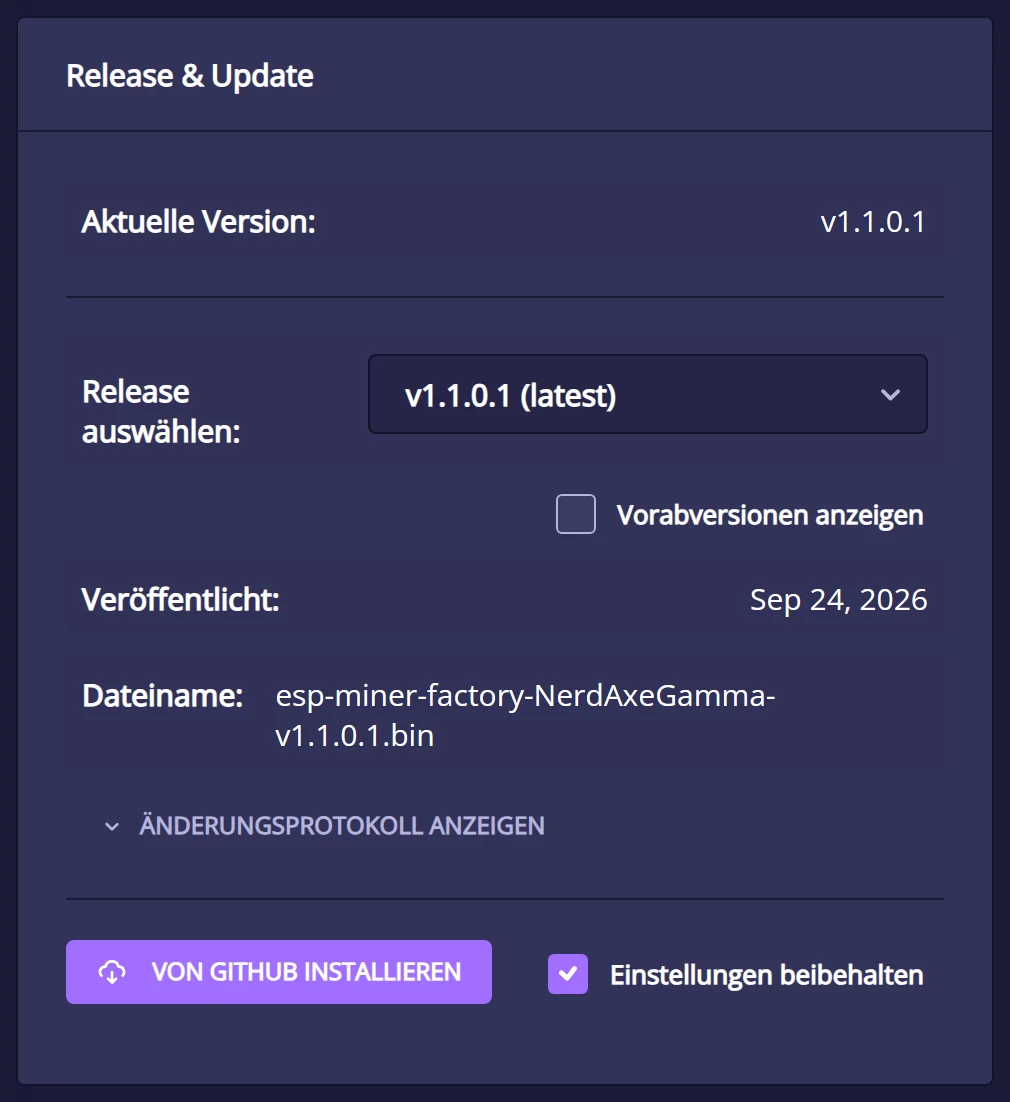 Karte Release & Update in NerdOS 1.1: Aktuelle Version v1.1.0.1, Release auswählen v1.1.0.1 (latest), Vorabversionen anzeigen, Veröffentlicht 24. September 2026, Dateiname esp-miner-factory-NerdAxeGamma-v1.1.0.1.bin, Schaltfläche Von GitHub installieren und Häkchen Einstellungen beibehalten