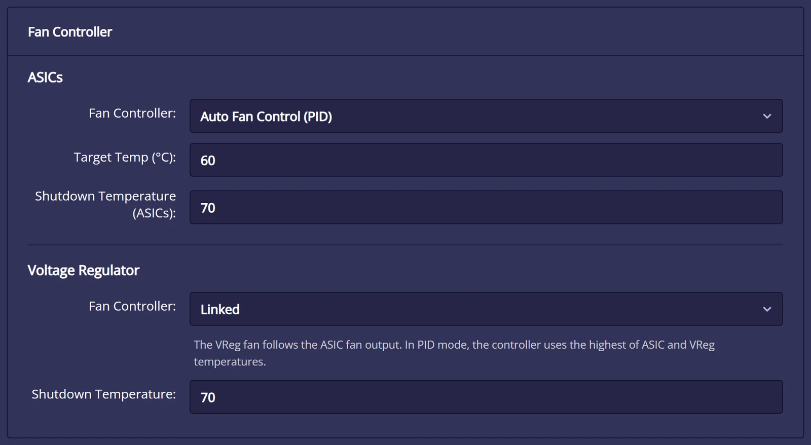 Fan Controller card in NerdOS 1.1: ASICs section with Auto Fan Control (PID), target temperature 60 °C and shutdown temperature 70 °C, Voltage Regulator section with Linked and shutdown temperature 70 °C
