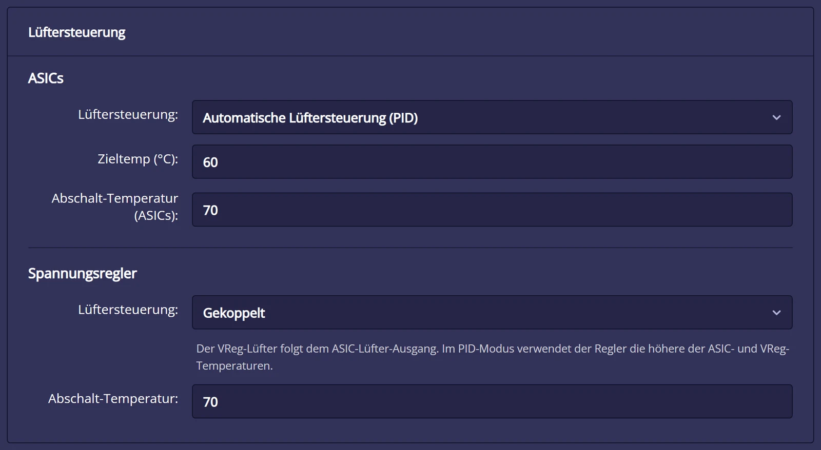 Karte Lüftersteuerung in NerdOS 1.1: Abschnitt ASICs mit Automatische Lüftersteuerung (PID), Zieltemperatur 60 °C und Abschalt-Temperatur 70 °C, Abschnitt Spannungsregler mit Gekoppelt und Abschalt-Temperatur 70 °C