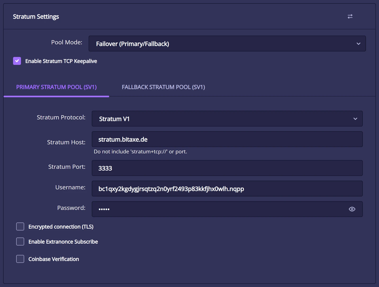 Stratum Settings card in NerdOS 1.1: pool mode Failover, Primary Stratum Pool tab with Stratum Protocol V1, Stratum Host stratum.bitaxe.de, Stratum Port 3333, Username with Bitcoin address and Password
