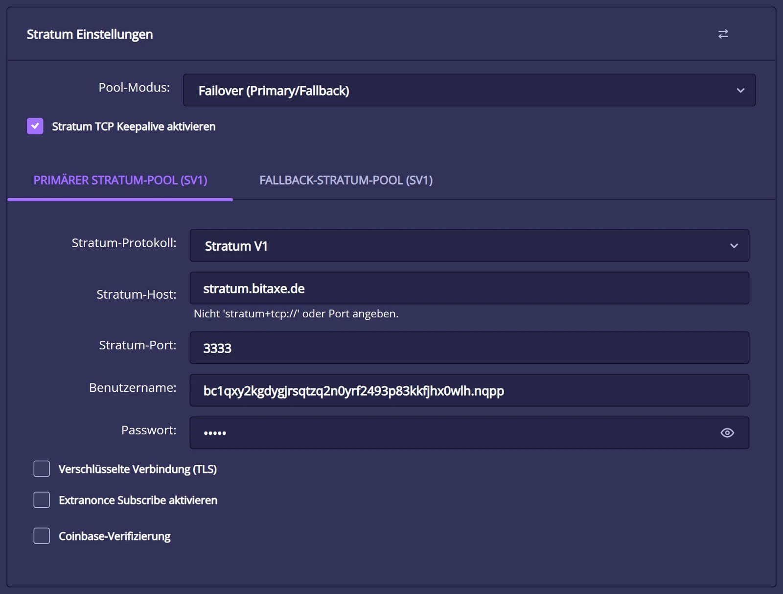 Karte Stratum Einstellungen in NerdOS 1.1 auf Deutsch: Pool-Modus Failover (Primary/Fallback), Reiter Primärer Stratum-Pool mit Stratum-Protokoll V1, Stratum-Host stratum.bitaxe.de, Stratum-Port 3333, Benutzername und Passwort