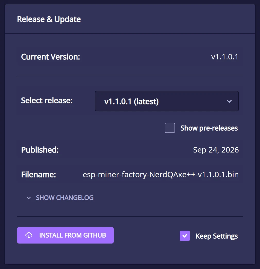 Release & Update card in NerdOS 1.1: current version v1.1.0.1, select release v1.1.0.1 (latest), show pre-releases, published 24 September 2026, filename esp-miner-factory-NerdQAxe++-v1.1.0.1.bin, Install from GitHub button and Keep Settings checkbox