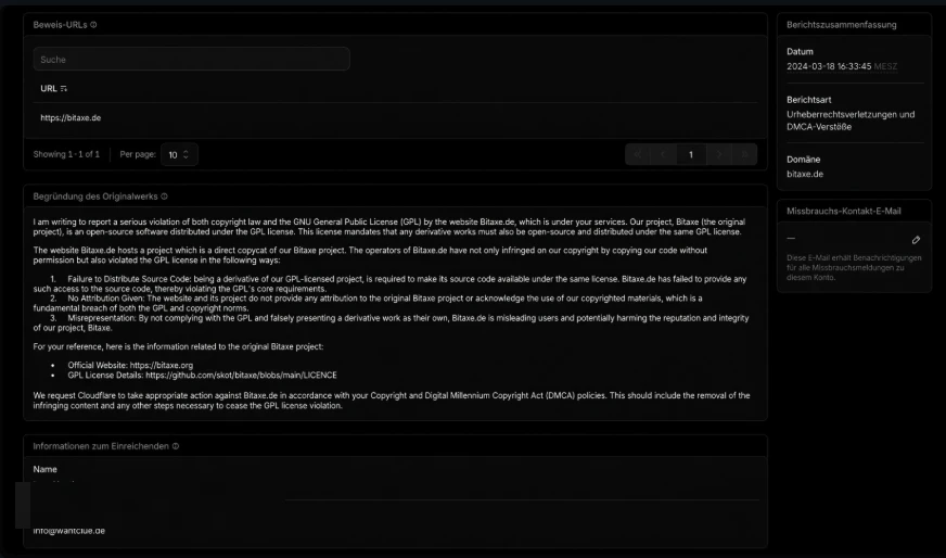 Cloudflare-Missbrauchsmeldung vom 18. März 2024 gegen bitaxe.de, Berichtsart Urheberrechtsverletzungen und DMCA-Verstöße, eingereicht über info@wantclue.de