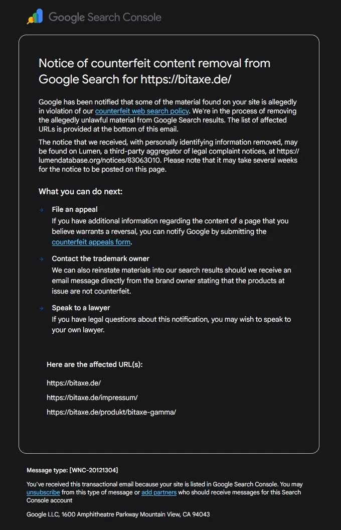 Google Search Console: Notice of counterfeit content removal from Google Search for bitaxe.de mit drei betroffenen URLs