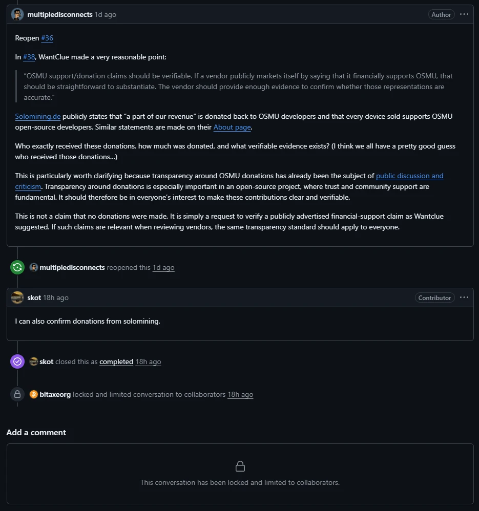 Issue 36 im legitlist-Repository nach der Sperrung: die Frage nach Empfänger, Höhe und Beleg der Spenden, darunter skots Antwort I can also confirm donations from solomining, die Schließung und der Hinweis This conversation has been locked and limited to collaborators