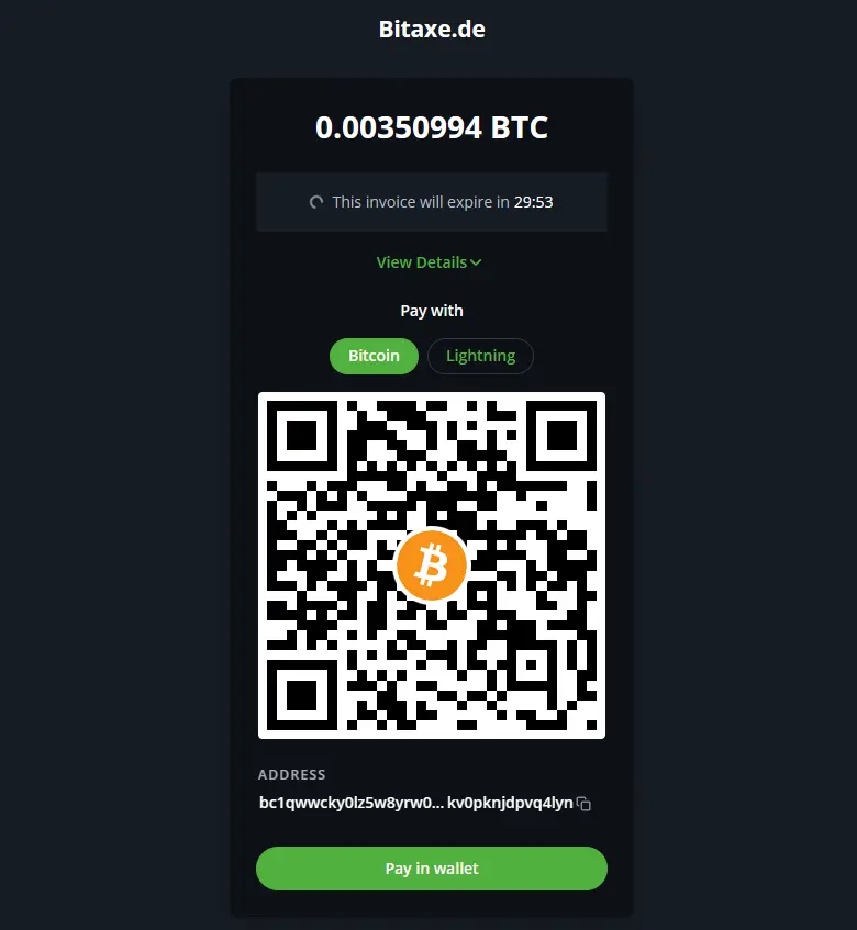 BTCPay-Rechnung mit Timer, Reitern für Bitcoin und Lightning, QR-Code und Adresse