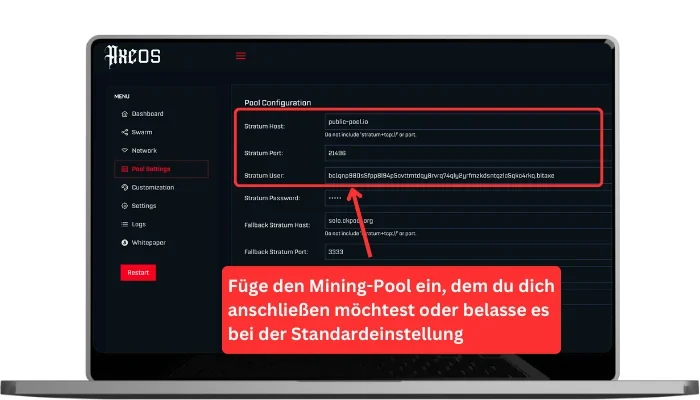 AxeOS Pool Settings mit Stratum Host, Port, User und Fallback-Pool