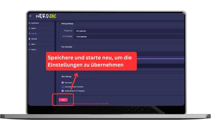Nerdaxe einrichten Pool BTC Adresse speichern und neustarten
