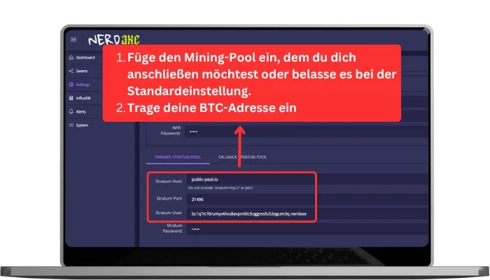 Nerdaxe einrichten Pool und BTC-Adresse