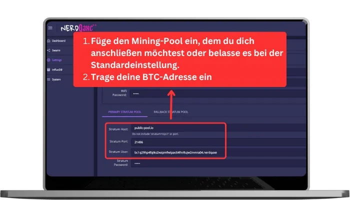 NerdQAxe einrichten Pool und BTC-Adresse