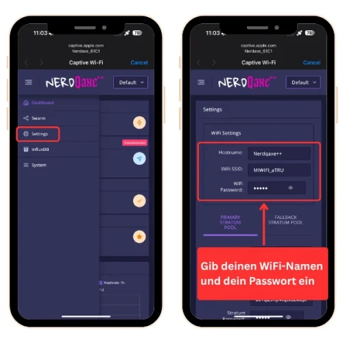 NerdQAxe einrichten Wi-Fi Namen und Passwort eingeben